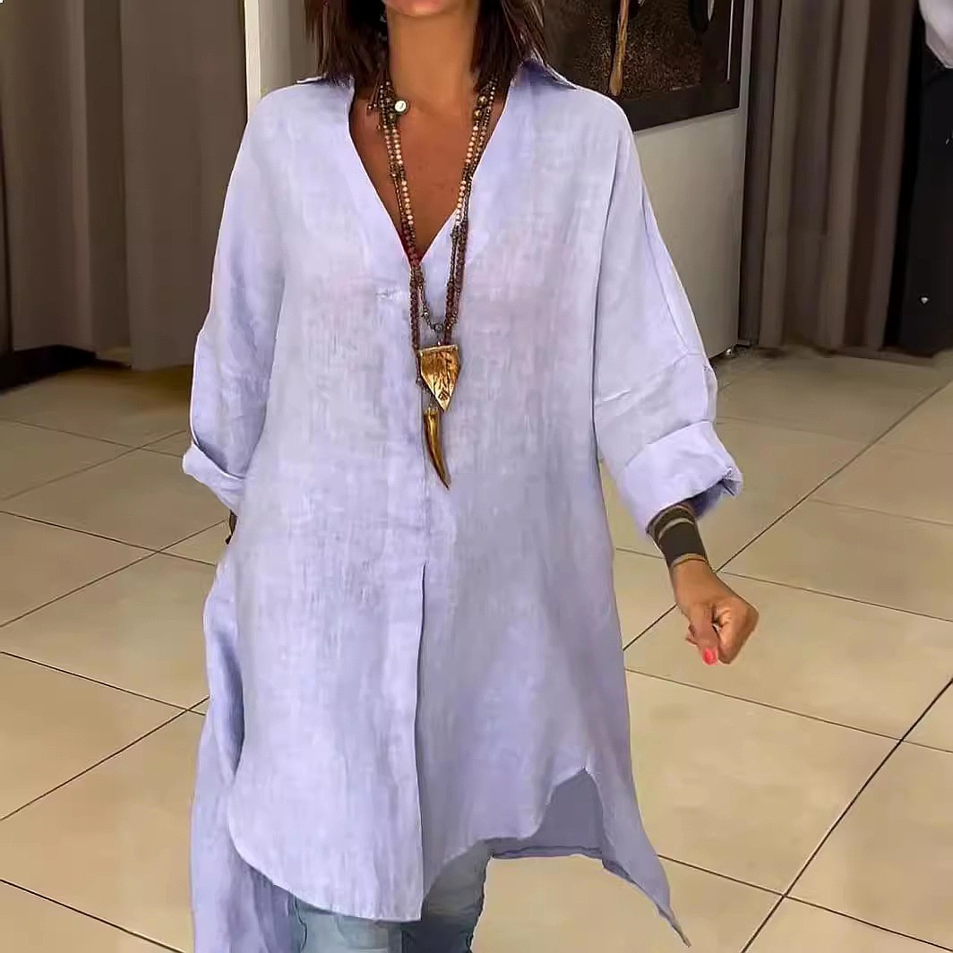 Casual Loose Linen Shirt Dress - Женское льняное платье-рубашка, свободная повседневная блузка,