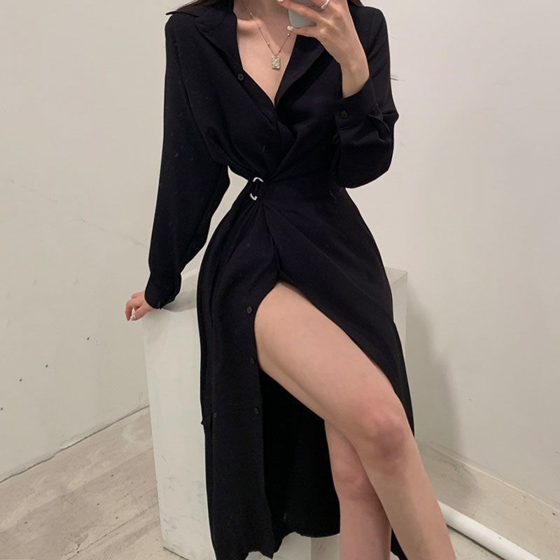 Стильное платье-рубашка с длин – обзор и цена Korean Style A Line Shirt Dress