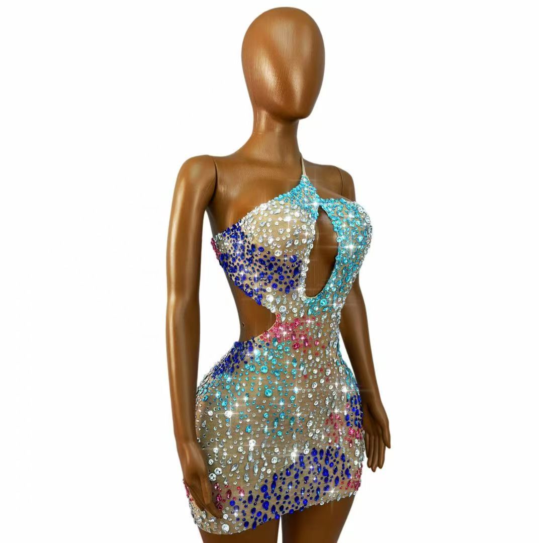 Блестящее разноцветное платье  – обзор и цена Sparkly Rhinestone Club Party Dress