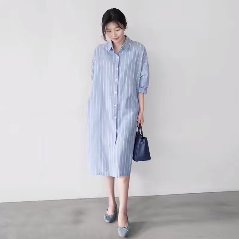 Синее полосатое платье-рубашка – обзор и цена Korean Style A Line Shirt Dress